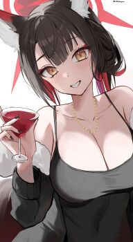 1girl absurdres animal_ear_fluff animal_ears bare_shoulders black_dress black_hair black_jacket black_nails blue_archive blush breasts cleavage colored_inner_hair commentary cup dongtan_dress dress drink drinking_glass fox_ears fox_girl fur-trimmed_jacket fur_trim gold_necklace grin halo highres holding holding_cup holding_drink huge_breasts jacket jewelry looking_at_viewer multicolored_hair necklace open_clothes open_jacket ponytail red_hair red_halo smile solo two-tone_hair udonpan wakamo_(blue_archive) yellow_eyes