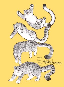 Rule 34 | animal, animal focus, artist name, closed eyes, commentary, falling, highres, leopard, no humans, open mouth, original, snow leopard, snow leopard tail, symbol-only commentary, twitter username, yellow background, yukihyo1980