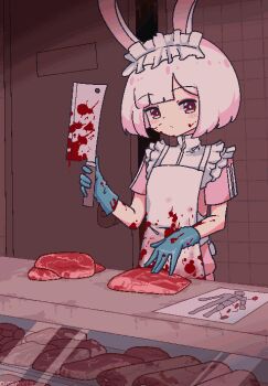 1girl animal_ears apron artist_name blood blood_on_clothes blood_on_face butcher chibikki cleaver display_case door dress food frilled_apron frilled_hairband frills gloves guro hairband highres holding holding_cleaver implied_cannibalism indoors meat meat_chart original pink_dress pink_hair pixel_art rabbit_ears raw_meat red_eyes solo tile_wall tiles white_apron