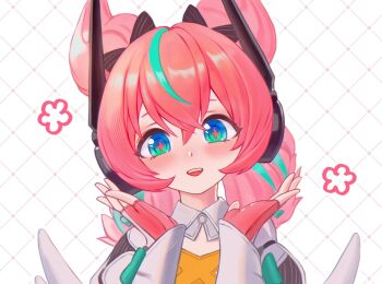 Rule 34 | 1girl, :d, blue eyes, bow, detached collar, fingerless gloves, flower, gloves, green eyes, grid background, hashtag-only commentary, headphones, multicolored hair, open mouth, pink hair, pink pupils, puffy short sleeves, puffy sleeves, short sleeves, smile, streaked hair, symbol-shaped pupils, teeth, twintails, upper teeth only, yamisroot, yutane johiel, zenless zone zero