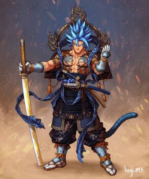 1boy abs alternate_costume armor artist_name collarbone dragon_ball dragon_ball_super earrings facial_tattoo facing_viewer floral_print full_body gloves golden_sword hagoromo haidate hair_between_eyes halo highres holding holding_sword holding_weapon japanese_armor japanese_clothes jewelry kenji893 kote kusazuri looking_at_viewer male_focus monkey_tail muscular muscular_male pants pectorals planted planted_sword planted_weapon potara_earrings saiyan samurai sash shawl sheath sheathed shoulder_armor smile sode son_goku spiked_hair suneate super_saiyan super_saiyan_blue sword tabi tail tassel tattoo topknot topless_male vegeta vegetto waraji weapon white_gloves
