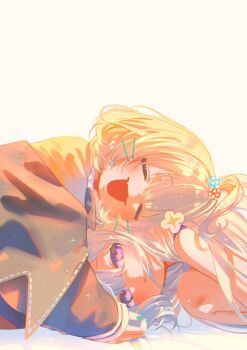 2girls :d ahoge aqua_nails beads blonde_hair blush commentary enna_alouette enna_alouette_(1st_costume) hair_beads hair_ornament hashtag-only_commentary highres lion_iscat long_hair looking_at_viewer medium_hair millie_parfait millie_parfait_(1st_costume) multiple_girls nijisanji nijisanji_en open_mouth purple_eyes simple_background smile sparkle symbol-only_commentary virtual_youtuber white_background