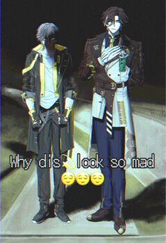 2boys angry arm_behind_back arm_ribbon artist_name belt black_belt black_boots black_coat black_gloves black_pants black_sky blue_pants blue_shirt boots brown_hair brown_jacket brown_shoes caelus_(honkai:_star_rail) clenched_hands closed_eyes closed_mouth coat collarbone collared_shirt emoji english_text face_in_shadow film_strip fingerless_gloves full_body gloves grass grey_belt grey_hair hair_between_eyes hand_on_own_chest hand_up highres honkai:_star_rail honkai_(series) hood hooded_coat jacket lapels long_sleeves looking_at_another male_focus meme mr._reca_(honkai:_star_rail) multicolored_hair multicolored_jacket multiple_boys necktie night night_sky open_clothes open_coat outdoors pants rcsnqc ribbon road shadow shirt shoes short_hair sky smile standing star_(symbol) streaked_hair t-shirt teeth trailblazer_(honkai:_star_rail) two-sided_coat two-sided_fabric two-tone_jacket v-shaped_eyebrows white_gloves white_hair white_jacket white_shirt why_dis_ninja_look_so_mad_(meme) yellow_coat yellow_eyes yellow_necktie