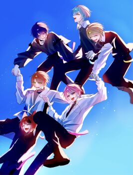 Rule 34 | 6+boys, absurdres, animal ears, bimigohan16, black pants, black shirt, blonde hair, blue hair, closed eyes, colon (stpri), floating, green eyes, hair between eyes, highres, holding hands, jel (stpri), light particles, long sleeves, male focus, multiple boys, nanamori (stpri), open mouth, orange hair, pants, pink hair, purple eyes, purple hair, red hair, rinu (stpri), root (stpri), satomi (stpri), shirt, short hair, smile, strawberry prince, white shirt