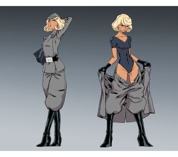 1girl absurdres artist_request belt black_boots black_gloves blonde_hair blue_eyes boots breasts curly_hair galactic_empire_(star_wars) gloves hat highres holding holding_tablet_pc imperial_officer leotard looking_down looking_up military_uniform open_mouth reference_sheet shiny_skin short_hair simple_background star_wars tablet_pc tan undressing