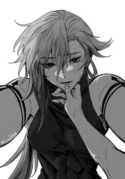 2girls abs arlecchino_(genshin_impact) blush breasts cesar_zebrah commentary english_commentary female_pov furina_(genshin_impact) genshin_impact greyscale hand_on_another's_chin highres kabedon_on_viewer large_breasts long_hair monochrome multiple_girls parted_lips pov sidelighting tight_clothes twitter_username upper_body white_background yuri