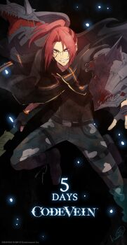 1boy buckle cape code_vein gloves highres jacket jacket_on_shoulders kurumi_kobayashi looking_at_viewer official_art simple_background smile tagme yakumo_shinonome