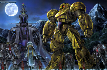 1girl 6+boys absurdres assault_rifle blonde_hair dianna_soreil flower gun gundam gundam_perfect_file harry_ord highres kinoshita_tomotake long_hair machinery magazine_scan mecha military_uniform mobile_suit moon mountainous_horizon multiple_boys night official_art painting_(medium) realistic rifle robot scan scene_reference science_fiction soldier spacecraft sumo_(mobile_suit) traditional_media turn_a_gundam very_long_hair weapon