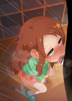 1boy 1girl absurdres bar_censor blush brown_hair censored chair deepthroat fellatio flower full-face_blush green_eyes green_shirt green_shoes hair_flower hair_ornament half-closed_eyes hand_on_another's_head hetero highres indoors irrumatio kobayashi-san_chi_no_maidragon locker locker_room loli long_hair long_sleeves mizumizuni on_chair oral orange_skirt penis saikawa_riko school_chair shirt shoes sitting skirt snot socks tears tongue tongue_out variant_set white_socks