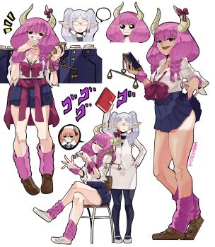 2girls absurdres alternate_costume applying_manicure artist_name aura_(sousou_no_frieren) aura_bullying_(meme) balance_scale blank_speech_bubble book bow bowtie braid breasts cellphone cellphone_charm chair charm_(object) cleavage clothes_around_waist clothes_lift contemporary demon_girl demon_horns earrings elf floating_earrings frieren full_body glasses gyaru hand_on_own_hip hand_to_own_mouth headless highres holding holding_book holding_phone holding_scale horn_ornament horn_ribbon horns jewelry laughing lifting_own_clothes linie_(sousou_no_frieren) loose_bowtie loose_clothes loose_shirt loose_socks meme menacing_(jojo) multiple_braids multiple_girls multiple_views nail_polish nail_polish_brush opaque_glasses open_mouth painting_nails pantyhose parted_bangs phone pleated_skirt pointy_ears purple_hair quad_braids ribbon school_chair school_uniform shirt sitting skirt skirt_lift smartphone smile socks sousou_no_frieren speech_bubble striped_clothes striped_shirt sweatband sweater sweater_around_waist talking_on_phone tan tanline teacher teardrop_earrings twintails wanderjegson weighing_scale white_background white_hair