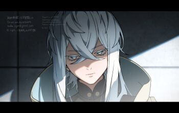 Rule 34 | 1boy, asclepius (fate), asclepius (third ascension) (fate), colored eyelashes, commentary request, crossed bangs, expressionless, fate/grand order, fate (series), grey eyes, hair between eyes, highres, letterboxed, male focus, portrait, short hair with long locks, sigm, solo, watermark, white hair