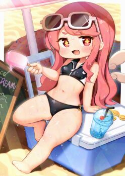 +_+ 1girl adversarial_noise ashur_(trickcal) barefoot bikini black_bikini breasts cedar_(cedar_japonica) commentary_request eyewear_on_head food large_variant_set long_hair navel open_mouth paid_reward_available small_breasts smile solo sunglasses swimsuit trickcal variant_set