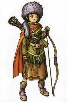Rule 34 | 1girl, absurdres, arrow (projectile), beads, belt, boots, bow (weapon), brown hair, brown skirt, cape, character request, check character, dragon quest, dragon quest ix, fringe trim, full body, fur hat, green tunic, hat, highres, knife, knife sheath, looking to the side, official art, orange cape, planted, quiver, ranger (dq9), scan, sheath, short hair, skirt, solo, third-party source, toriyama akira, tunic, weapon, white background