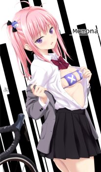 1girl ahoge bikini bikini_under_clothes black_skirt blazer collared_shirt eyepatch_bikini grey_jacket jacket kinohara_hikaru long_hair long_sleeves open_clothes open_jacket open_shirt original pink_hair pleated_skirt purple_bikini purple_eyes shirt skirt solo standing swimsuit twintails undressing white_shirt