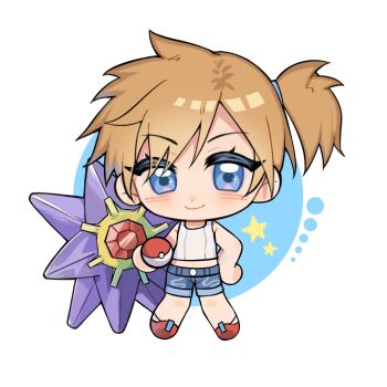 1girl blue_eyes blue_shorts brown_hair chibi denim denim_shorts gen_1_pokemon holding holding_poke_ball looking_at_viewer misty_(pokemon) nintendo ozimo_azer poke_ball poke_ball_(basic) pokemon pokemon_(creature) pokemon_lgpe ponytail short_ponytail short_shorts shorts side_ponytail star_(symbol) starmie tank_top white_tank_top