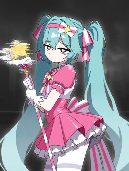 Rule 34 | 1girl, aqua hair, back bow, bow, bowtie, commentary, dress, from side, glitch, gloves, hairband, hashtag-only commentary, hatsune miku, highres, holding, holding staff, ima sugu rinne (vocaloid), long hair, magical girl, pink dress, pink hairband, puffy short sleeves, puffy sleeves, saewoocho bab, short sleeves, solo, staff, standing, star-shaped pupils, star (symbol), symbol-shaped pupils, twintails, unamused, vocaloid, white gloves