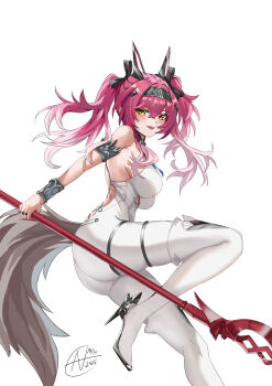 1girl absurdres armlet ass bare_shoulders black_bow bodysuit boots bow breasts commentary dated fanchin from_side gradient_hair hair_between_eyes hair_bow hairband headgear high_heel_boots high_heels highres holding holding_polearm holding_weapon jewelry large_breasts looking_at_viewer looking_to_the_side lupa_(wuthering_waves) metal_hairband multicolored_hair multiple_hair_bows open_mouth pink_hair polearm red_pupils signature simple_background smile solo tail thigh_boots twintails variant_set weapon white_background white_bodysuit wolf_tail wrist_guards wuthering_waves yellow_eyes