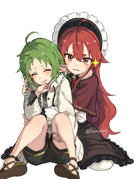 Rule 34 | 2girls, absurdres, ahoge, black shorts, black skirt, blush, brown footwear, capelet, closed mouth, ear wiggle, elf, eris greyrat, frilled hat, frilled skirt, frills, full body, green hair, hand on another's shoulder, hand on another's thigh, hat, highres, hug, jacket, long hair, looking at viewer, medium hair, multiple girls, mushoku tensei, pointy ears, red capelet, red eyes, red hair, shoes, shorts, simple background, sitting, skirt, smile, sylphiette (mushoku tensei), twitter username, very long hair, white background, white jacket, yanmyhony, yuri