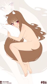 1girl absurdres animal_ears barefoot blush breasts brown_hair closed_mouth completely_nude highres holo likunea long_hair looking_at_viewer medium_breasts navel nude patreon_logo patreon_username red_eyes smile solo spice_and_wolf tail toes twitter_username twitter_x_logo wolf_ears wolf_girl wolf_tail zoom_layer