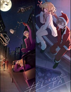 6+boys 6+girls :d ^_^ absurdres aircraft akagi_wen among_us arms_behind_back arms_between_legs arms_up backlighting bag banknote belt black_belt black_shirt black_shoes blonde_hair blue_hair blue_shorts blush breasts broken_window brown_hair building car city cleavage_cutout closed_eyes closed_mouth clothing_cutout coat collared_shirt colored_tips commentary_request cosplay crewmate_(among_us) crewmate_(among_us)_(cosplay) denim dog dola_(nijisanji) dragon_girl dragon_tail driving everyone ex_albio falling_money floating floral_print_shirt flying_car foot_dangle full_moon fura_kanato fushimi_gaku fuwa_minato glasses goggles goggles_on_head grand_theft_auto grand_theft_auto_v grey_eyes grey_hair grey_pants ha_yun hand_up hashtag hat helicopter heterochromia hibachi_mana highres holding holding_bag holding_phone horns hoshikawa_sara human_chain ibrahim_(nijisanji) ishigami_nozomi jacket jeans jumpsuit kaisei_(nijisanji) kanae_(nijisanji) kanda_shouichi kitami_yusei koyanagi_rou kuramochi_meruto kuzuha_(nijisanji) lain_paterson large_breasts lauren_iroas leaning_out_of_window long_hair long_sleeves looking_ahead loose_socks low_ponytail makaino_ririmu mechanic mole mole_under_eye money moon motor_vehicle multicolored_hair multiple_boys multiple_girls navel night nijisanji nijisanji_en nijisanji_kr nishizono_chigusa on_car open_clothes open_coat open_mouth orange_hair outdoors pants phone pink_hair pink_shirt police_helicopter pom_pom_(clothes) ponytail purple_car purple_hair purple_pants purple_shirt red_eyes red_hair red_hat red_jacket red_jumpsuit red_pants road sakaki_ness santa_costume santa_hat sasaki_saku shirt shishido_akari shoes short_hair shorts shu_yamino shutter_shades sidewalk sister_claire sitting sky sleeves_past_wrists small_breasts smile snowman_hat socks sophia_valentine split_screen star_(sky) starry_sky stethoscope stethoscope_around_neck streaked_hair street sunglasses tail taking_picture taxi tone_haruma torn_clothes torn_jeans torn_pants twintails two-tone_hair uzuki_kou very_long_hair very_short_hair virtual_youtuber walking white_car white_coat white_socks white_trim yellow_car yellow_eyes