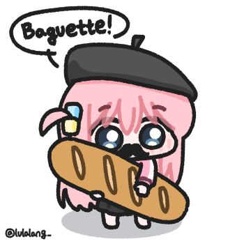 Rule 34 | 1girl, baguette, beret, black hat, black skirt, blue eyes, bocchi the rock!, bread, chibi, chibi only, commentary, fake facial hair, fake mustache, food, full body, gotoh hitori, hat, highres, holding, holding food, jacket, long hair, looking at viewer, lulalang, one side up, pink hair, pink jacket, simple background, skirt, solo, speech bubble, standing, white background