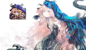 2girls absurdres aqua_eyes bare_shoulders black_dress black_hands black_veil blue_veil boater_hat breasts centauroid chimera claws cleavage closed_mouth collarbone colored_extremities commentary cowboy_shot dress faceless faceless_female hair_between_eyes highres ic_(iccccccccc81) long_hair looking_at_viewer medium_breasts monster_girl multiple_girls nautika_(reverse:1999) pink_hair plunging_neckline reference_inset reverse:1999 sidelocks simple_background solo_focus strapless strapless_dress taur two-tone_veil veil vertin_(reverse:1999) vertin_(winter)_(reverse:1999) very_long_hair white_background