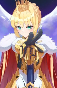 1girl ahoge armor artoria_pendragon_(fate) blonde_hair breastplate caliburn_(fate) cape commentary_request crown fate/grand_order fate_(series) fur_trim gauntlets gold_armor green_eyes highres holding holding_sword holding_weapon looking_at_viewer lord_logres_(fate) lord_logres_(first_ascension)_(fate) mikky_dksla red_cape solo sword weapon