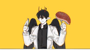 1boy akigawasou black_hair black_shirt black_wings butcher_vanity_(synthesizer_v) closed_eyes coat collared_shirt demon_horns double-parted_bangs facing_viewer feathered_wings fork hair_between_eyes hands_up holding holding_fork holding_knife horns kim_dokja knife male_focus meme omniscient_reader&#039;s_viewpoint open_clothes open_coat parody pointy_ears raw_meat shirt short_hair smile solo upper_body white_coat wings
