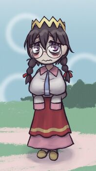 Rule 34 | bags under eyes, black hair, blue necktie, braid, breasts, bush, closed mouth, crown, full body, glasses, kirby (series), kirby 64, large breasts, looking at viewer, mentha (menthalovely), mole, mole under eye, necktie, nintendo, outdoors, pale skin, path, pink trim, purple eyes, red ribbon, red skirt, ribbon, ripple star queen, road, round eyewear, shirt, skirt, sleeves past fingers, sleeves past wrists, slippers, solo, twin braids, wavy mouth, white shirt, yellow slippers