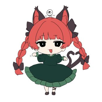 1girl animal_ears black_eyes black_ribbon black_shoes braid cat_ears cat_girl cat_tail chibi commentary_request dancing dress extra_ears full_body green_dress highres kaenbyou_rin leg_ribbon long_hair looking_at_viewer moriforest1040 multiple_tails open_mouth red_hair ribbon shoes side_braids simple_background solo_focus standing tail touhou twin_braids two_tails white_background