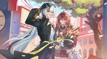 2girls absurdres ahoge alternate_costume arlecchino_(genshin_impact) artist_self-insert black_coat black_gloves blue_eyes blue_sky choker closed_mouth cloud cloudy_sky coat collared_coat collared_shirt commentary_request commission commissioner_insert couple dress eyewear_on_head flower from_side genshin_impact gloves gradient_hair grey_hair hair_between_eyes hair_flowing_over hair_ornament hairclip highres holding holding_flower holding_removed_eyewear huge_ahoge inaterayukiha light_smile long_hair long_sleeves looking_at_viewer looking_to_the_side mixed-language_commentary multicolored_dress multicolored_eyes multicolored_hair multiple_girls oc_x_canon open_clothes open_coat original outdoors pants pink_lips red_hair red_lips red_pupils shirt sky standing streaked_hair sunglasses symbol-shaped_pupils tree unworn_eyewear wavy_hair white_shirt x-shaped_pupils x_x yuri