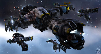 3d artist_logo commentary dark_background english_commentary eve_online fleet flying glowing hauler_(eve_online) hauling_ship_(eve_online) highres logo no_humans outdoors outer_ring_excavations_(eve_online) primae_(eve_online) radio_antenna realistic science_fiction space spacecraft special_edition_ship_(eve_online) star_(sky) starry_sky_background thrusters vankaiser vehicle_focus