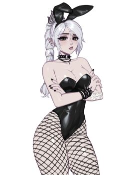 1girl alternate_costume animal_ears arms_under_breasts baldur&#039;s_gate baldur&#039;s_gate_3 bare_shoulders black_leotard black_nails blushyspicy breasts cleavage crossed_arms detached_collar dungeons_&amp;_dragons dungeons_&amp;_dragons elf fake_animal_ears fishnet_pantyhose fishnets green_eyes highres large_breasts leotard long_hair looking_at_viewer multi-tied_hair nail_polish pantyhose playboy_bunny pointy_ears rabbit_ears scar scar_on_face shadowheart_(baldur&#039;s_gate) solo strapless strapless_leotard white_hair wrist_cuffs