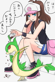1girl 1other ahoge annoyed arm_on_knee bag bare_shoulders behind_another black_boots black_vest black_wrist_cuffs blue_eyes blue_shorts boots brown_hair chewing clenched_hand commentary container denim denim_shorts eating elbow_on_knee facing_to_the_side food food_on_face gen_5_pokemon hand_on_own_face handbag hat head_rest high_ponytail highres hilda_(pokemon) holding holding_jar jar long_bangs long_hair looking_at_viewer looking_to_the_side nintendo on_bench open_clothes open_vest partially_colored pet_food pink_bag pink_trim pokemon pokemon_(creature) pokemon_bw ponytail red_eyes samu_(celery18) servine shirt shorts sitting speech_bubble torn_clothes torn_shorts translated two-tone_hat vest white_background white_hat white_shirt wrist_cuffs