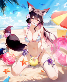 1girl absurdres animal_ear_fluff animal_ears barefoot beach bikini black_hair blue_archive blush breasts cleavage colored_inner_hair commentary_request flower fox_ears fox_girl fox_tail hair_between_eyes hair_flower hair_ornament halo highres kaerbin large_breasts long_hair looking_at_viewer low_ponytail multicolored_hair navel ocean official_alternate_costume open_mouth ponytail purple_flower red_hair red_halo sitting solo stomach swimsuit tail tail_flower tail_ornament two-tone_hair wakamo_(blue_archive) wakamo_(swimsuit)_(blue_archive) wariza white_bikini yellow_eyes