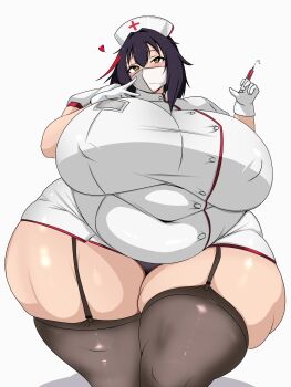 1girl belly black_thighhighs blush breasts brown_eyes covered_erect_nipples covered_navel fat fat_woman garter_straps gigantic_breasts gloves halloween_costume hat heart holding holding_syringe mask mouth_mask multicolored_hair nurse_cap nurse_outfit obese original panties panty_peek purple_hair purple_panties red_hair shirt short_hair skindentation solo standing syringe thick_thighs thighhighs thighs underwear usagirin v v_over_mouth white_background white_gloves white_hat white_mask white_shirt wide_hips