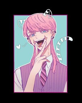 1boy 29o52413 :p animal_ears collared_shirt ear_piercing green_eyes highres leopard_ears leopard_tail long_hair long_sleeves male_focus piercing pill pill_in_mouth pink_hair purple_vest sanzu_haruchiyo scar scar_on_face scar_on_mouth shirt straight_hair tail tokyo_revengers tongue tongue_out upper_body v vest white_shirt wolf_cut