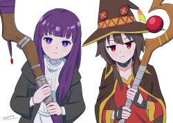 Rule 34 | 2girls, :i, absurdres, black coat, black gloves, blunt bangs, brown cape, brown hair, button eyes, buttons, cape, coat, commentary request, crossover, dated, dress, fern (sousou no frieren), fingerless gloves, gloves, hat, highres, holding, holding staff, kono subarashii sekai ni shukufuku wo!, long sleeves, looking at viewer, mage staff, megumin, multiple girls, open clothes, open coat, pout, purple eyes, purple hair, red dress, red eyes, signature, sousou no frieren, staff, trait connection, tsunemoku, upper body, white background, white dress, witch, witch hat