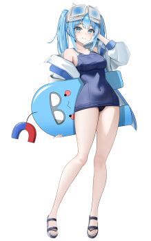 1girl absurdres arahashi_tabi blue_eyes blue_hair blue_one-piece_swimsuit breasts closed_mouth collarbone covered_navel goggles goggles_on_head hashtag-only_commentary hezzu_0 highres holding holding_surfboard jacket magnet one-piece_swimsuit open_clothes open_jacket pungdangi_(arahashi_tabi) simple_background single_off_shoulder small_breasts solo stellive surfboard swimsuit twintails virtual_youtuber white_background white_jacket