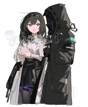 1girl 1other ambiguous_gender arknights black_coat black_skirt brown_hair coat cup doctor_(arknights) grey_eyes highres holding holding_cup hood hooded_coat mask mug open_clothes open_coat priestess_(arknights) shima_(vivi_do) shirt skirt steaming_cup white_background white_coat white_shirt