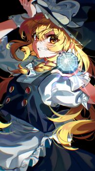 Rule 34 | 1girl, absurdres, apron, black hat, black skirt, black vest, blonde hair, blush, bow, braid, commentary request, grin, hair bow, hat, hat bow, highres, holding, kirisame marisa, long hair, mini-hakkero, puffy short sleeves, puffy sleeves, rkdhs0916, short sleeves, side braid, single braid, skirt, smile, solo, touhou, vest, white bow, witch hat, yellow eyes