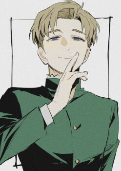 Rule 34 | 1boy, blonde hair, blue eyes, buttons, chi.: chikyuu no undou ni tsuite, closed mouth, green jacket, jacket, kadeart, male focus, rafal (chi.), short hair, sideburns, simple background, solo, upper body, white background