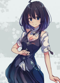 Rule 34 | 1girl, ahoge, blue eyes, blue hair, blue skirt, blue vest, breasts, chest tattoo, cleavage, closed mouth, commentary request, highres, honkai (series), honkai impact 3rd, looking at viewer, medium breasts, mogupon, seele vollerei, seele vollerei (azure memories), seele vollerei (swallowtail phantasm), short hair, skirt, smile, solo, split mouth, tattoo, vest