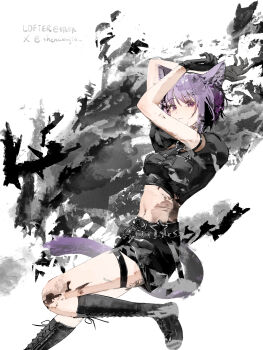 Rule 34 | 1girl, :3, absurdres, animal ears, arknights, arms up, bang dream!, bang dream! it's mygo!!!!!, black boots, black shirt, black skirt, boots, breasts, cat ears, cat girl, cat tail, closed mouth, commentary, highres, looking at viewer, medium breasts, midriff, miniskirt, puffy short sleeves, puffy sleeves, purple hair, shenwanjia, shirt, short hair, short sleeves, skirt, solo, tail, thigh strap, yuutenji nyamu, yuutenji nyamu (magician of passion)