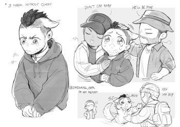 4boys animal_ears backpack bag baseball_cap call_of_duty call_of_duty:_modern_warfare_2 captain_price closed_mouth collared_shirt crying crying_with_eyes_open dog_boy dog_ears dog_tail dreaming_oor english_text gaz_(call_of_duty_4) ghost_(modern_warfare_2) hat helmet highres hood hood_down hoodie hug incoming_hug jacket male_focus multiple_boys open_clothes open_jacket open_shirt shirt short_hair soap_(modern_warfare_2) streaming_tears tail tank_top tears twitter_username