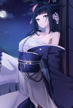 Rule 34 | 1girl, arknights, black hair, black kimono, black sash, blunt bangs, breasts, chest sarashi, collarbone, commentary, dkzksp, dot nose, english commentary, flower, full moon, green eyes, hair flower, hair intakes, hair ornament, highres, japanese clothes, kimono, long hair, long sleeves, looking to the side, mio (arknights), moon, night, obi, obiage, obijime, sarashi, sash, sideways glance, sky, sliding doors, small breasts, solo, star (sky), starry sky, two-tone kimono, white kimono, wide sleeves