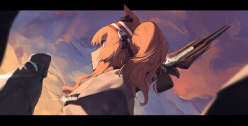 1girl 1other absurdres angelina_(arknights) animal_ears arknights black_coat brown_hair cloud coat day doctor_(arknights) fox_ears from_side glint gradient_sky grey_jacket hairband highres hood hood_up hooded_coat jacket letterboxed long_hair mkrk_mikaerukung outdoors red_eyes red_hairband sky solo_focus staff sunlight twintails upper_body zipper