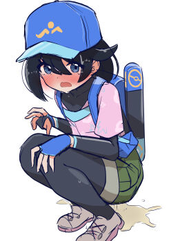 Rule 34 | 1girl, absurdres, backpack, bag, black hair, blue eyes, blue hat, blush, female focus, female protagonist (pokemon ww), fingerless gloves, full-face blush, gloves, green shorts, hat, highres, looking at viewer, mizuumi (expanse lake), nintendo, open mouth, pee, peeing, peeing self, pokemon, pokemon ww, shorts, solo, squatting, tears, white background