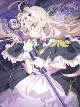 Rule 34 | 1girl, ahoge, antenna hair, artist name, black dress, black ribbon, blonde hair, blush, card, cure arcana shadow, dress, earrings, gem, hair ornament, hair ribbon, highres, holding, holding wand, jewelry, long hair, looking at viewer, magical girl, meitantei precure!, moria luluka, multicolored hair, neck ribbon, precure, purple eyes, ribbon, serizawa serizane, signature, two-tone hair, wand