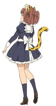 1girl animal_ears animal_print anime_coloring back black_socks brown_hair clothing_cutout dress from_behind full_body high_heels isekai_maou_to_shoukan_shoujo_no_dorei_majutsu kaneko_shizue leopard_ears leopard_girl leopard_print leopard_tail long_sleeves maid_headdress mei_(isekai_maou) official_art open_hand shoes short_hair short_twintails simple_background smile socks solo standing tail tail_through_clothes transparent_background tsurime twintails
